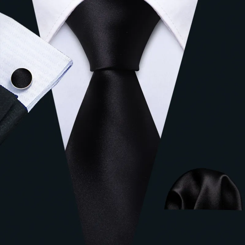 Barry. Wang Black Wedding Tie Men's Black Solid Tie Hanky Cufflinks Set sold by Barrywang