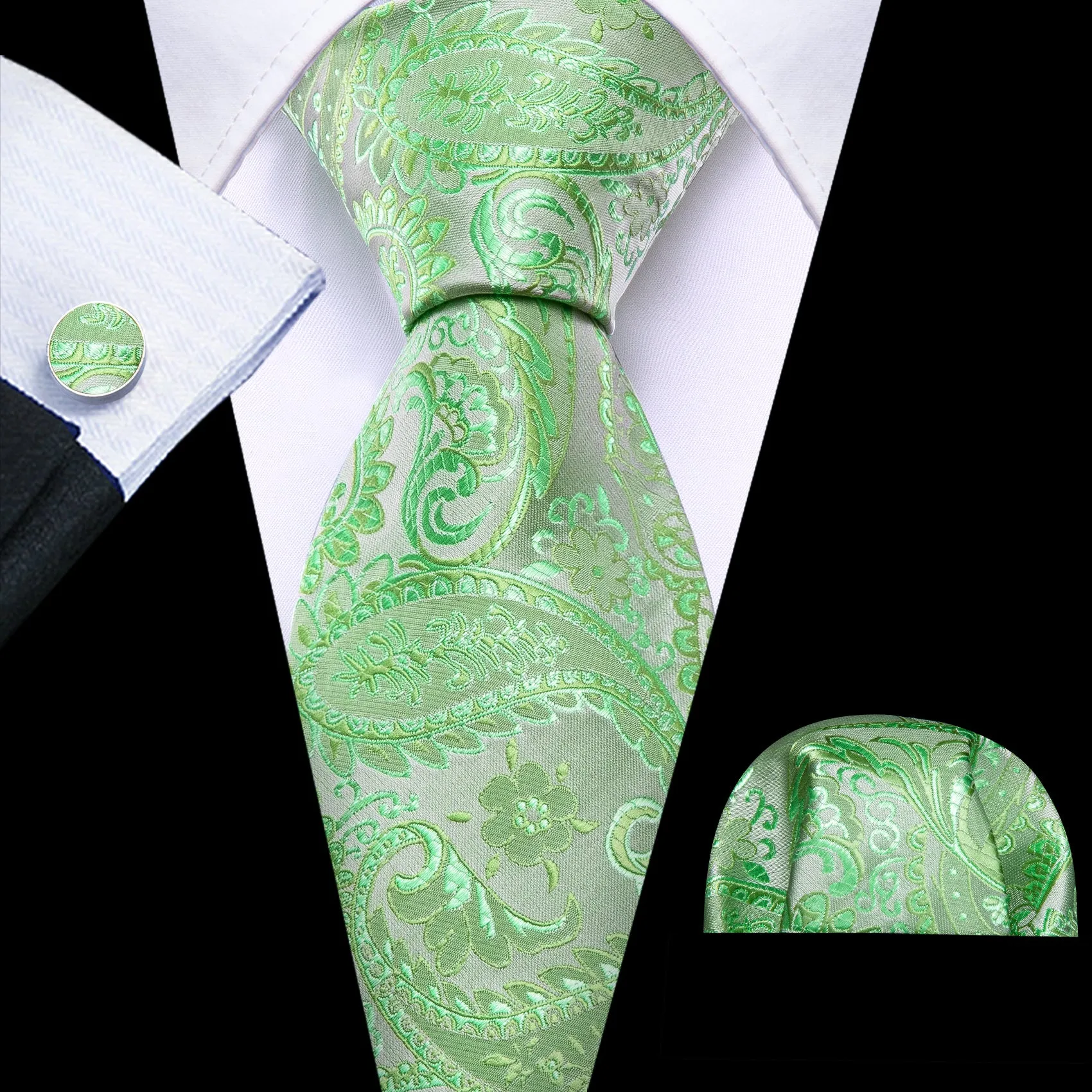 Barry. Wang Light Green Paisley Silk Tie Handkerchief Cufflinks Set sold by Barrywang