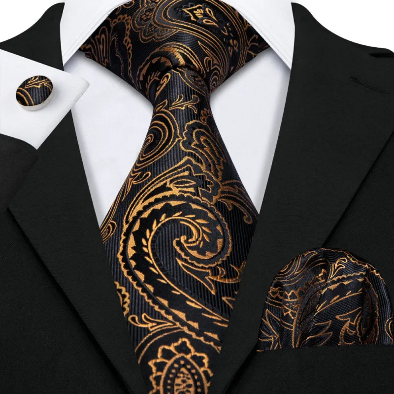 Barry. Wang Black Tie Golden Paisley Necktie Pocket Square Cufflinks Set sold by Barrywang