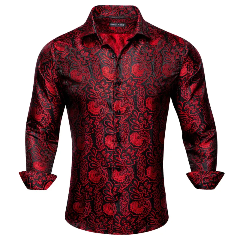 Barry Wang Black Red Paisley Men's Silk Guys Button Up Shirt Casual made by Barrywang