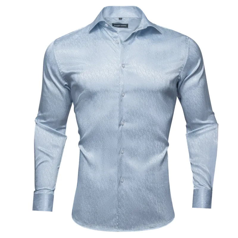 Barry.Wang Button Down Shirt Light Blue Solid Silk Men's Long Sleeve Shirt Classic sold by Barrywang