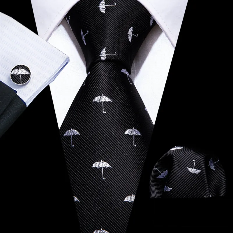 Barry Wang Black White Umbrella Silk Men Tie Handkerchief Cufflink Set sold by Barrywang