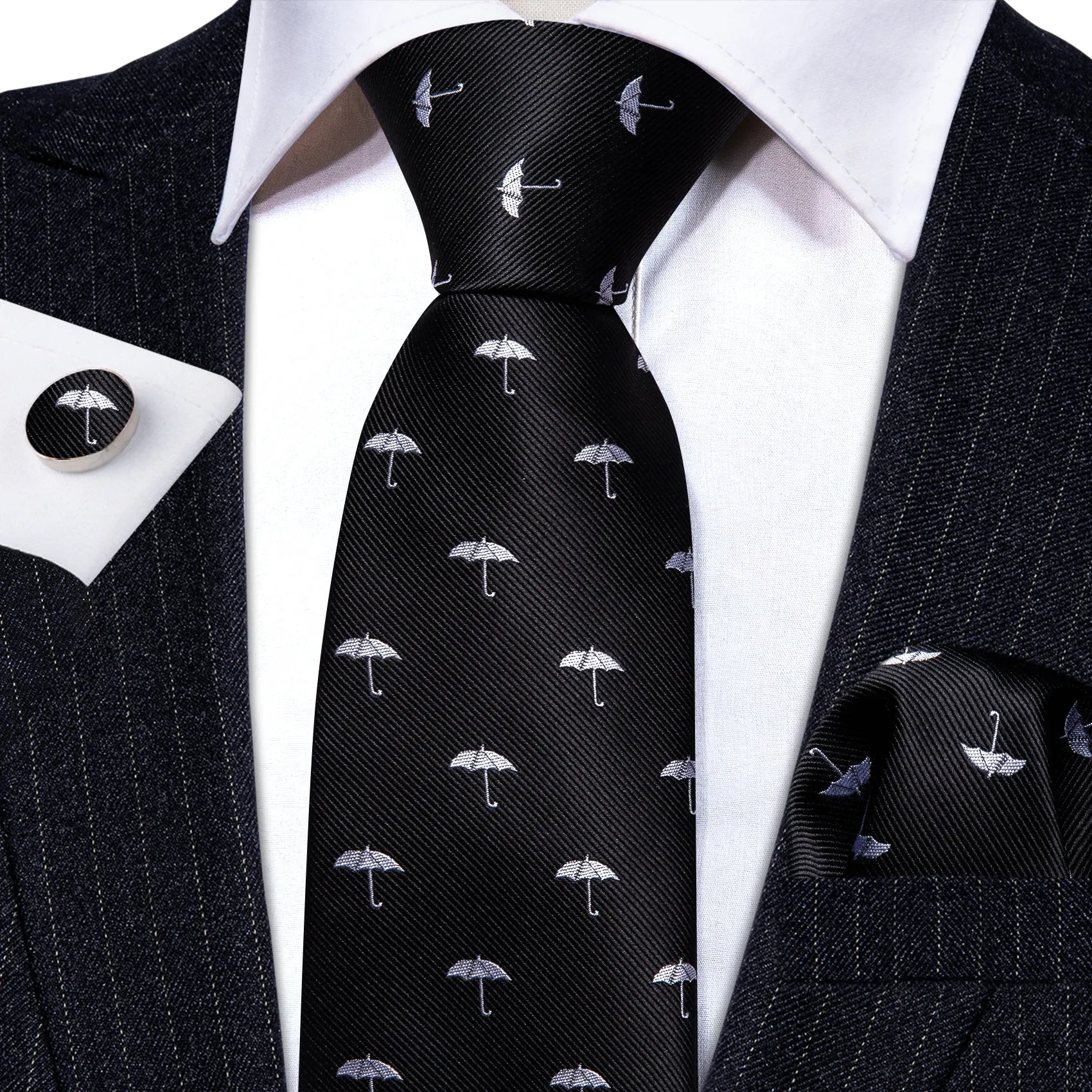 Barry Wang Black White Umbrella Silk Men Tie Handkerchief Cufflink Set sold by Barrywang product image thumbnail 3