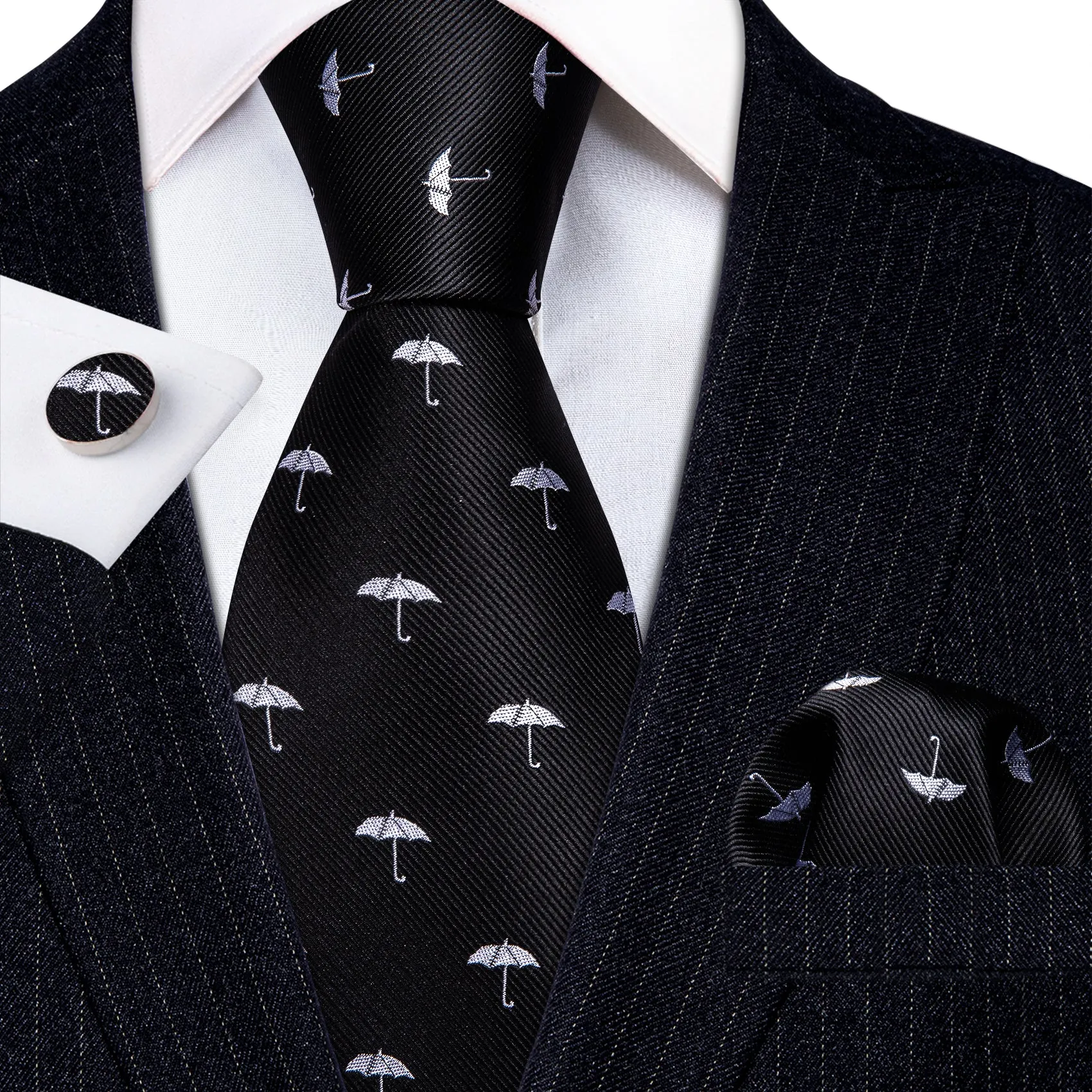 Barry Wang Black White Umbrella Silk Men Tie Handkerchief Cufflink Set sold by Barrywang product image thumbnail 2