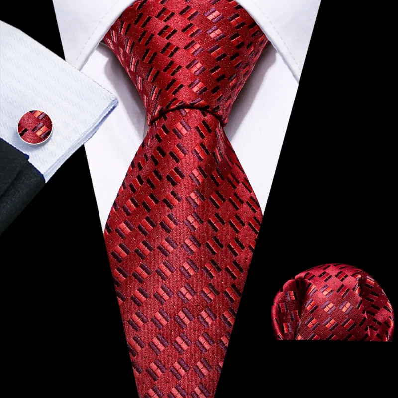 Barry Wang Novetly Red 59 Inches Silk Tie Hanky Cufflinks Set for Men sold by Barrywang