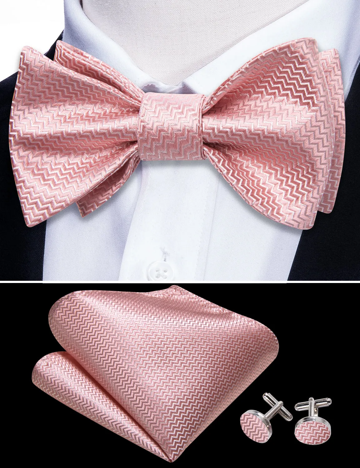 Pink White Striped Silk Bow Tie Hanky Cufflinks Set sold by Barrywang product image thumbnail 2