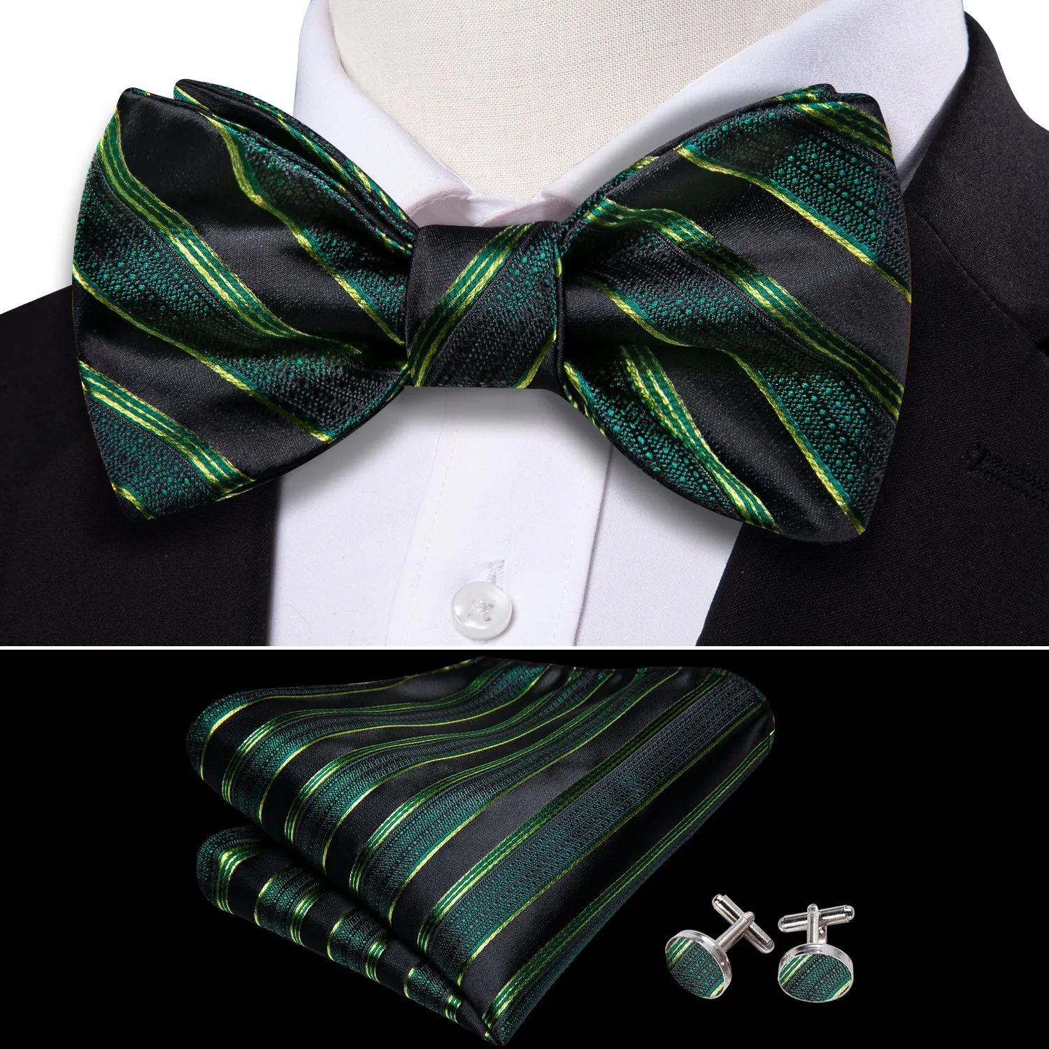 Barry. Wang Green Black Striped Bow Tie Hanky Cufflinks Set sold by Barrywang product image thumbnail 3