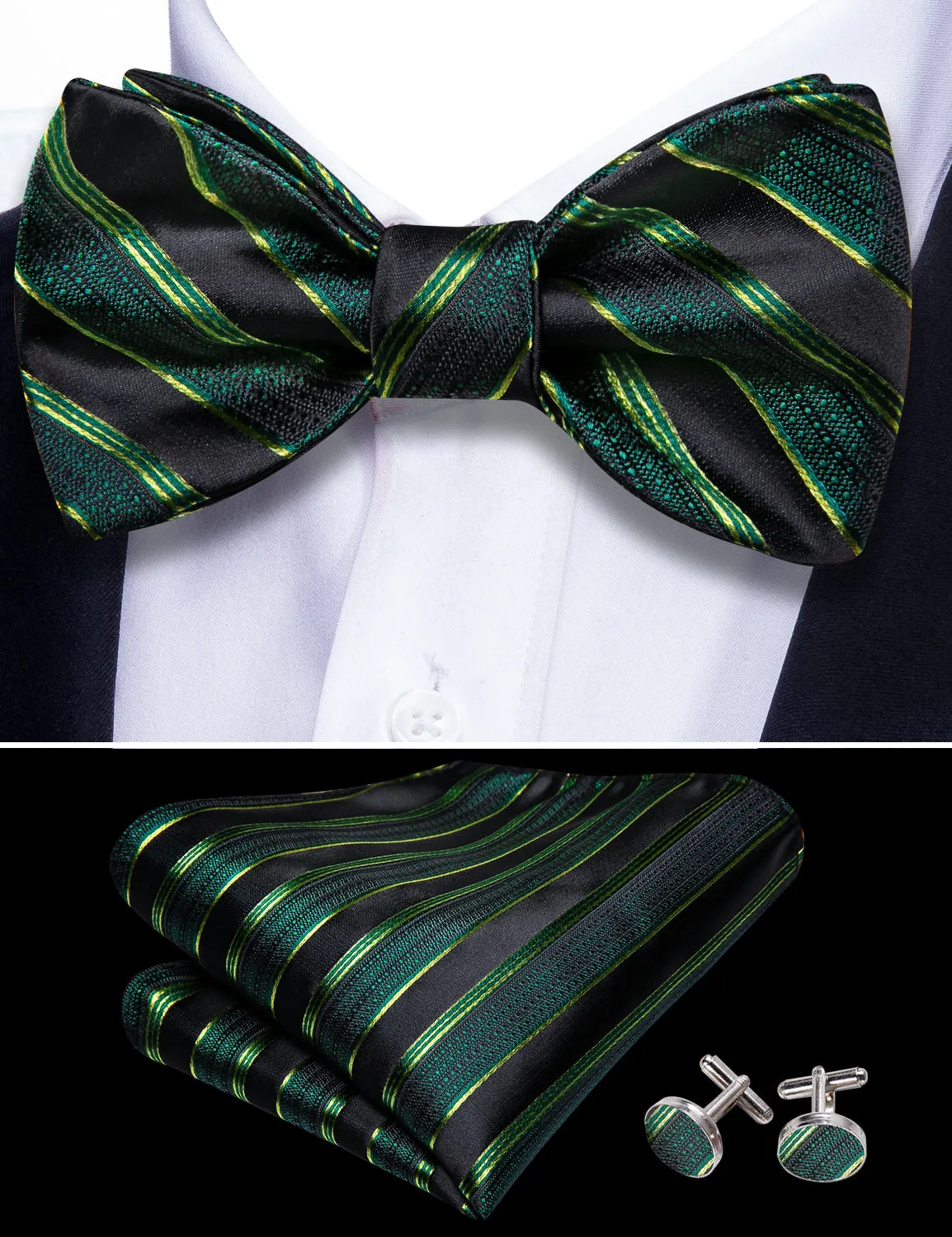 Barry. Wang Green Black Striped Bow Tie Hanky Cufflinks Set sold by Barrywang product image thumbnail 4