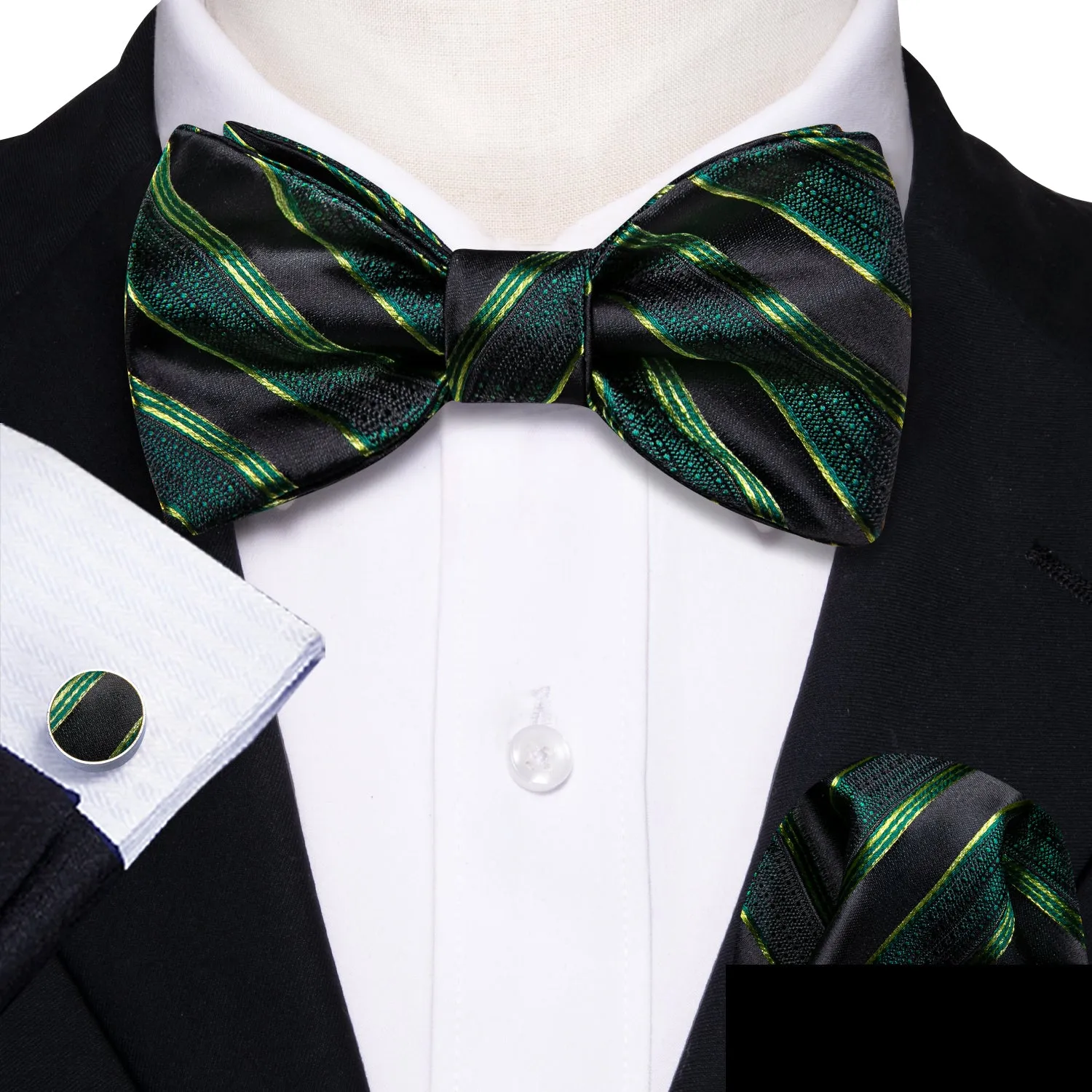 Barry. Wang Green Black Striped Bow Tie Hanky Cufflinks Set sold by Barrywang product image thumbnail 2