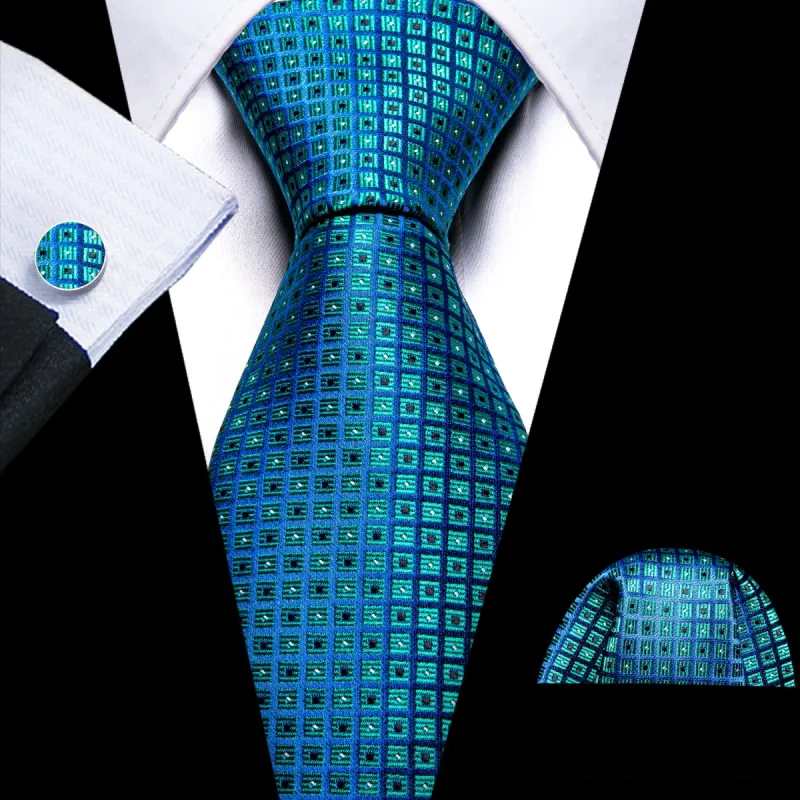 Barry Wang Novetly Blue Plaid Silk Tie Handkerchief Cufflinks Set sold by Barrywang