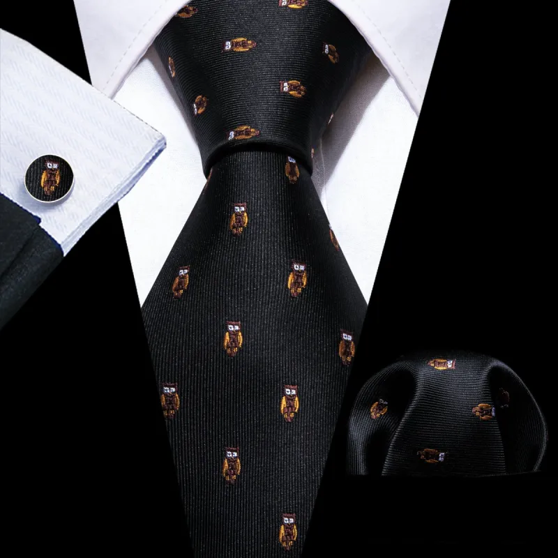Barry.wang Black Tie Brown Owl Print Silk Tie Handkerchief Cufflinks Set sold by Barrywang