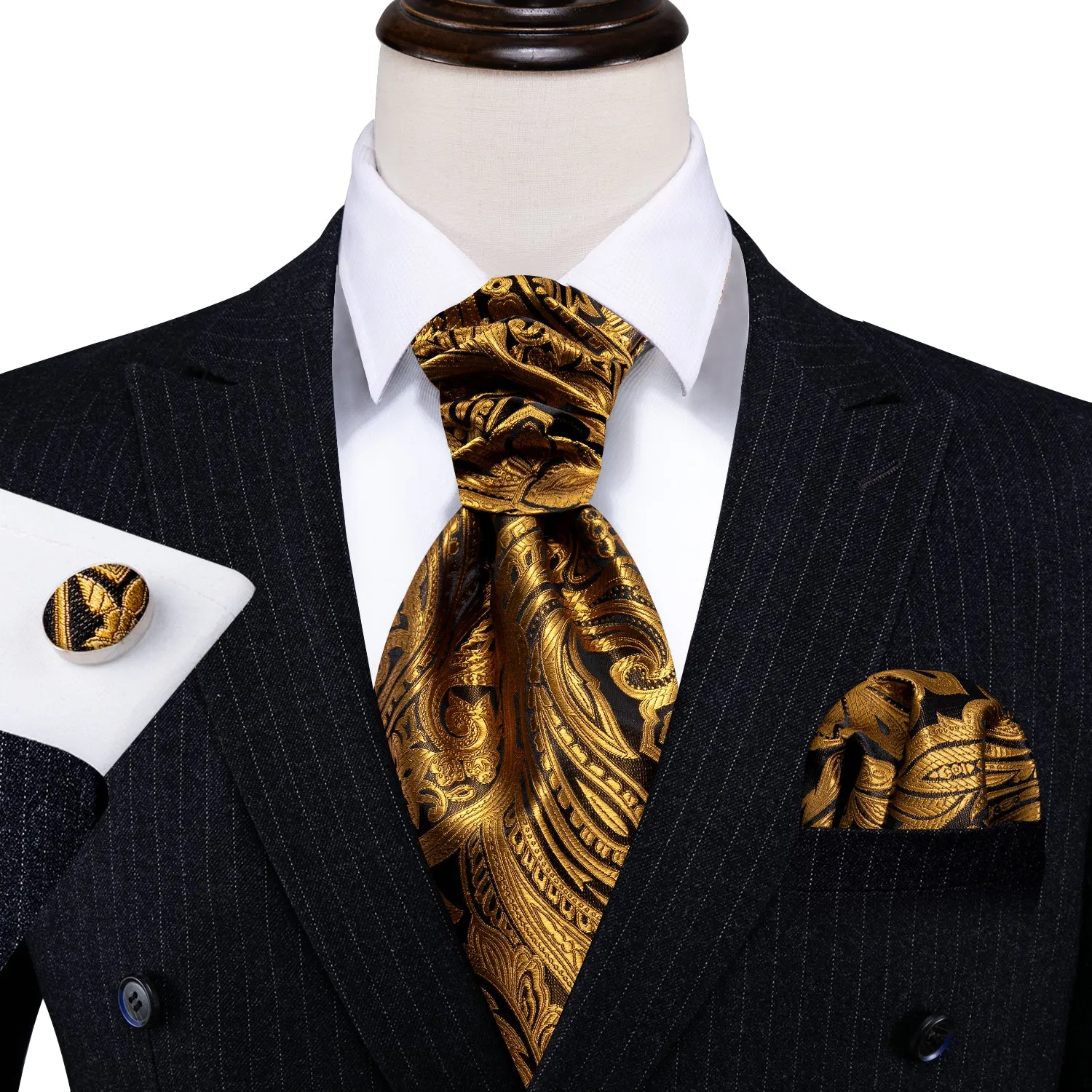 Gold Silk Paisley Ascot Handkerchief Cufflinks Set sold by Barrywang product image thumbnail 5