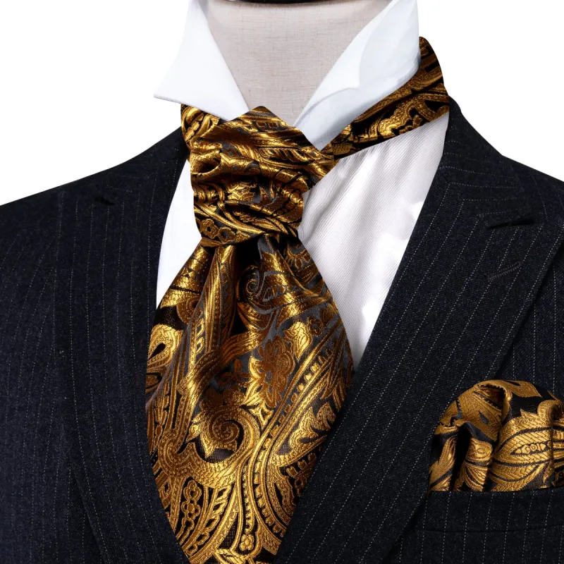 Gold Silk Paisley Ascot Handkerchief Cufflinks Set sold by Barrywang