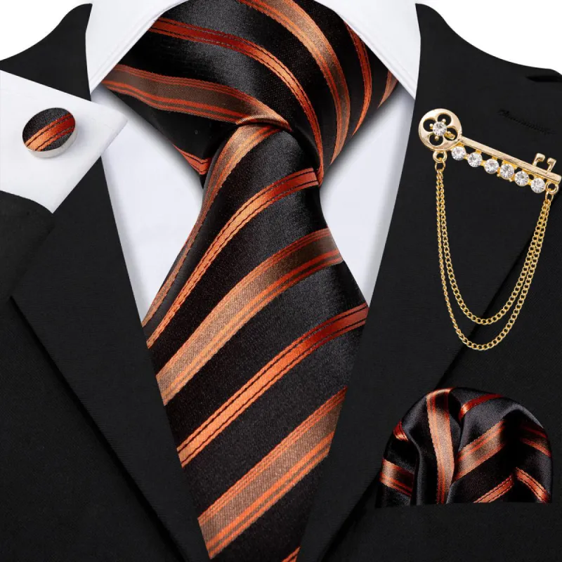 Barry. Wang Black Tie Orange Brown Stripe Men's Tie Set with Lapel Pin Brooch sold by Barrywang