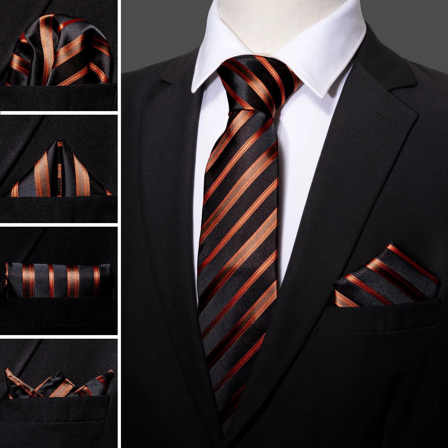 Barry. Wang Black Tie Orange Brown Stripe Men's Tie Set with Lapel Pin Brooch sold by Barrywang product image thumbnail 2