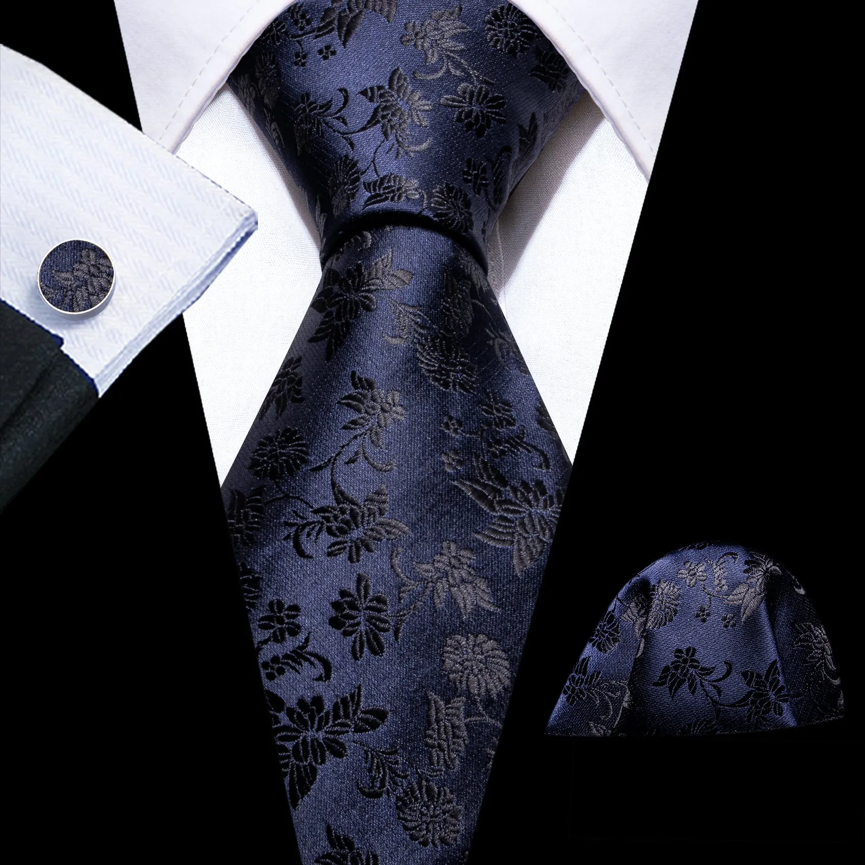 Barry Wang Deep Blue Tie Men Floral Necktie Handkerchief Cufflinks Set sold by Barrywang