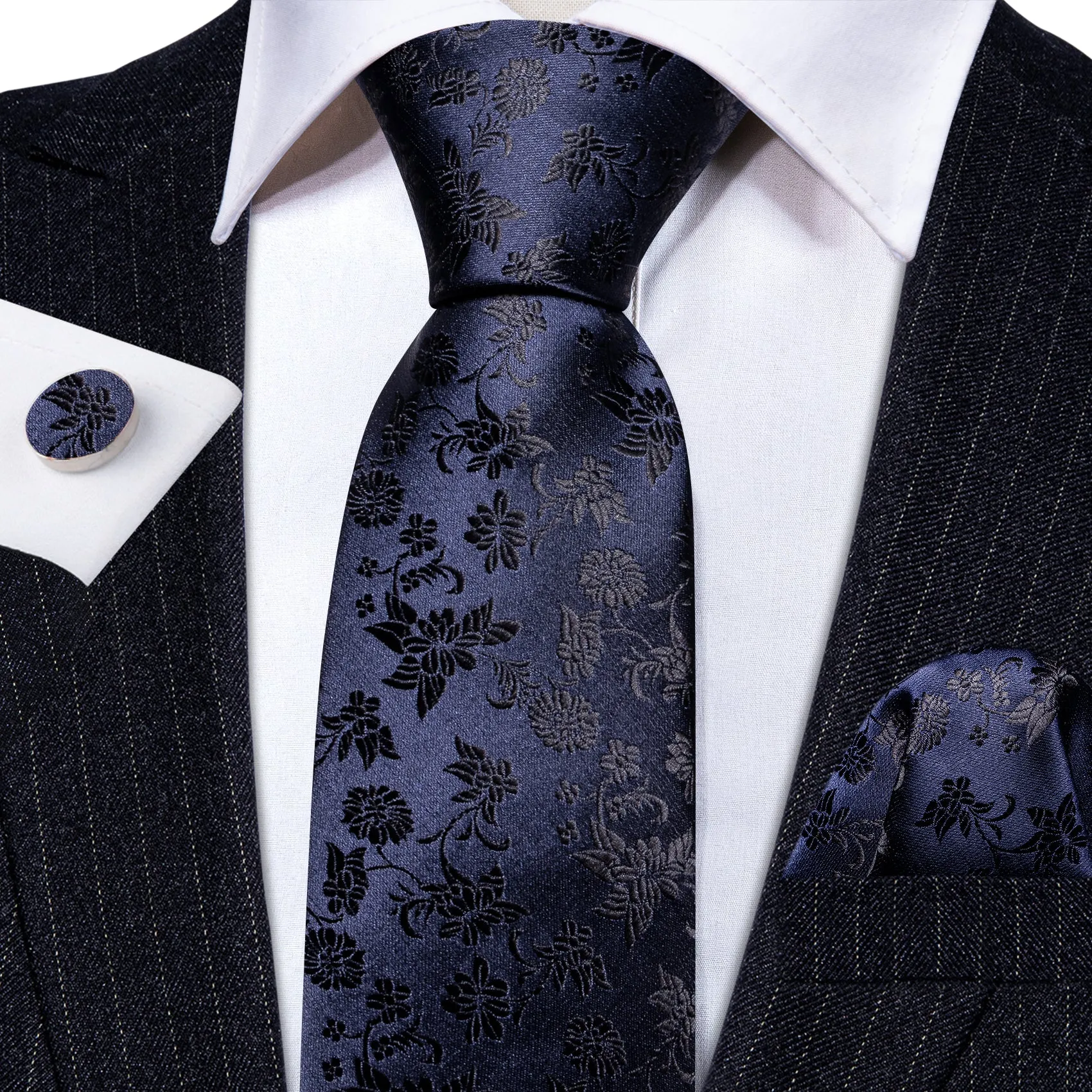 Barry Wang Deep Blue Tie Men Floral Necktie Handkerchief Cufflinks Set sold by Barrywang product image thumbnail 3