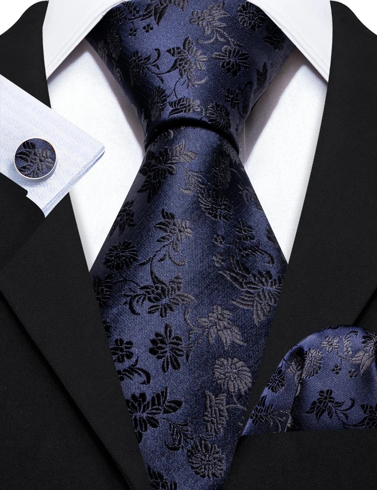 Barry Wang Deep Blue Tie Men Floral Necktie Handkerchief Cufflinks Set sold by Barrywang product image thumbnail 4