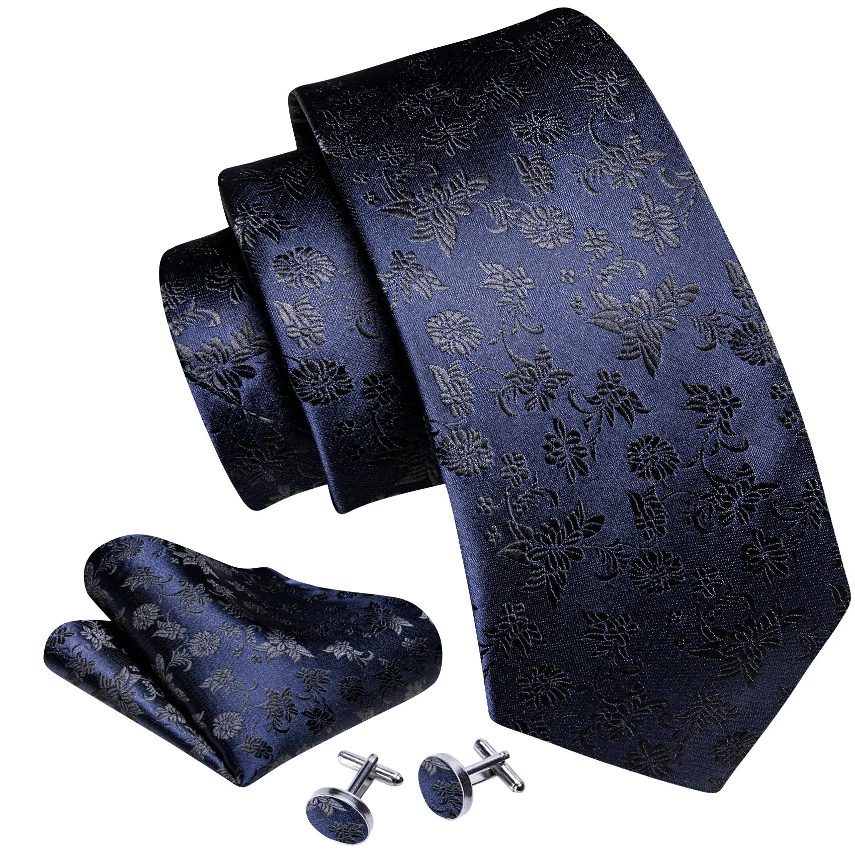 Barry Wang Deep Blue Tie Men Floral Necktie Handkerchief Cufflinks Set sold by Barrywang product image thumbnail 2