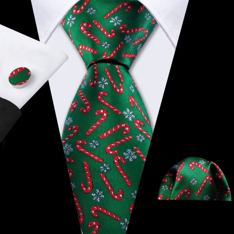 Barry Wang Christmas Green Red Crutch Men's Tie Pocket Square Cufflinks Set made by Barrywang