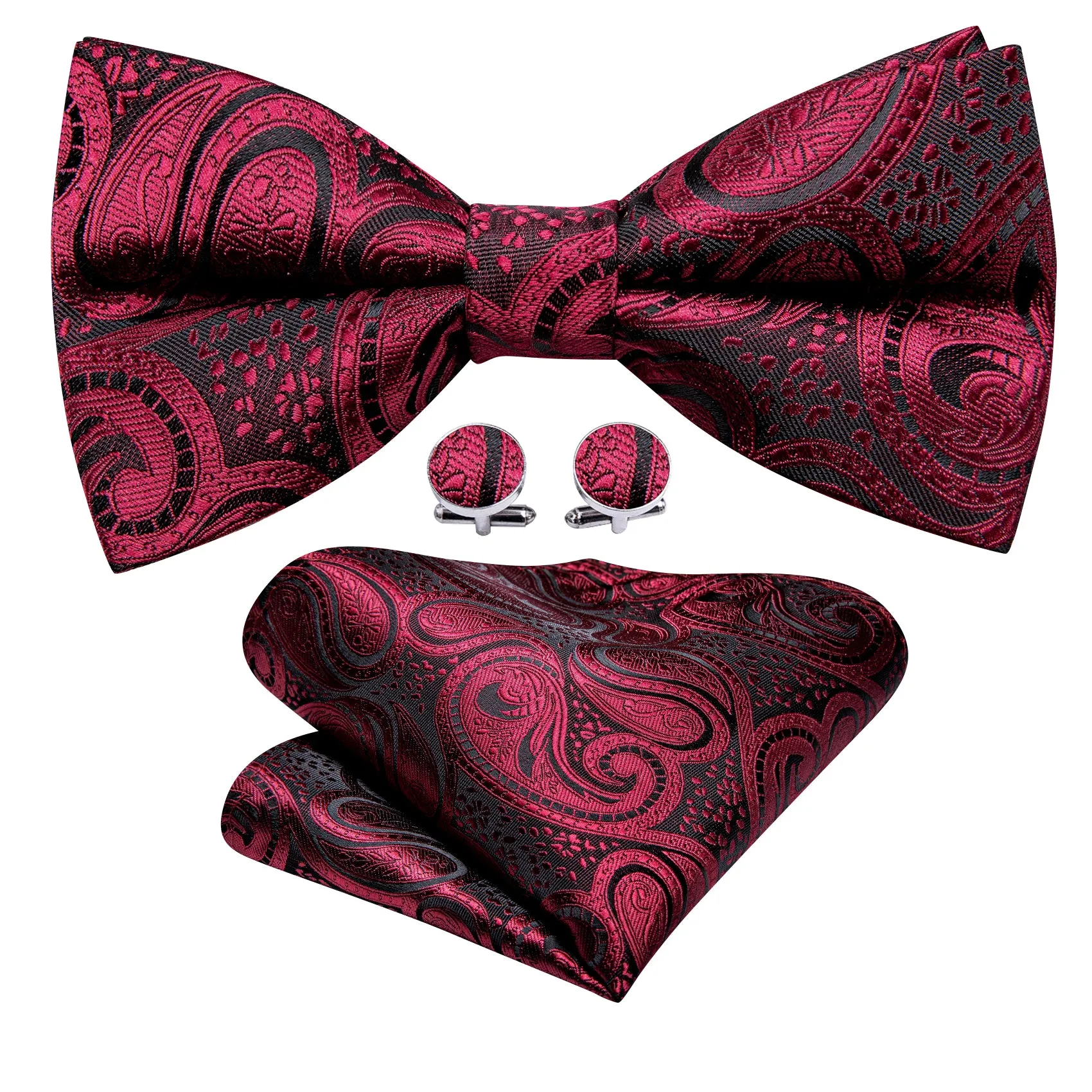 Barry Wang Black Red Paisley Men Pre-tied Bow Tie Hanky Cufflinks Set sold by Barrywang
