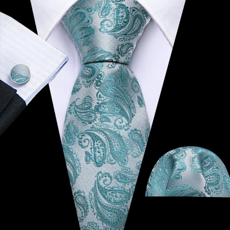 Barry Wang Light Blue Tie Sea Foam Silver Paisley Silk 63" XL Tie Set made by Barrywang