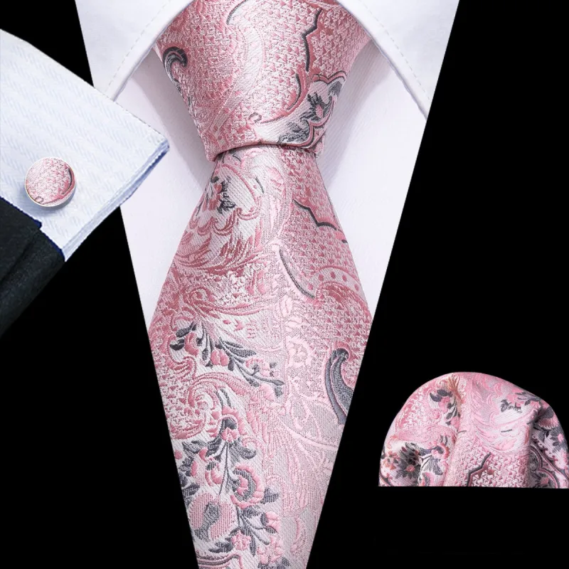 Barry.Wang Floral Tie Paisley Silver Pink Silk Tie Hanky Cufflinks Set sold by Barrywang