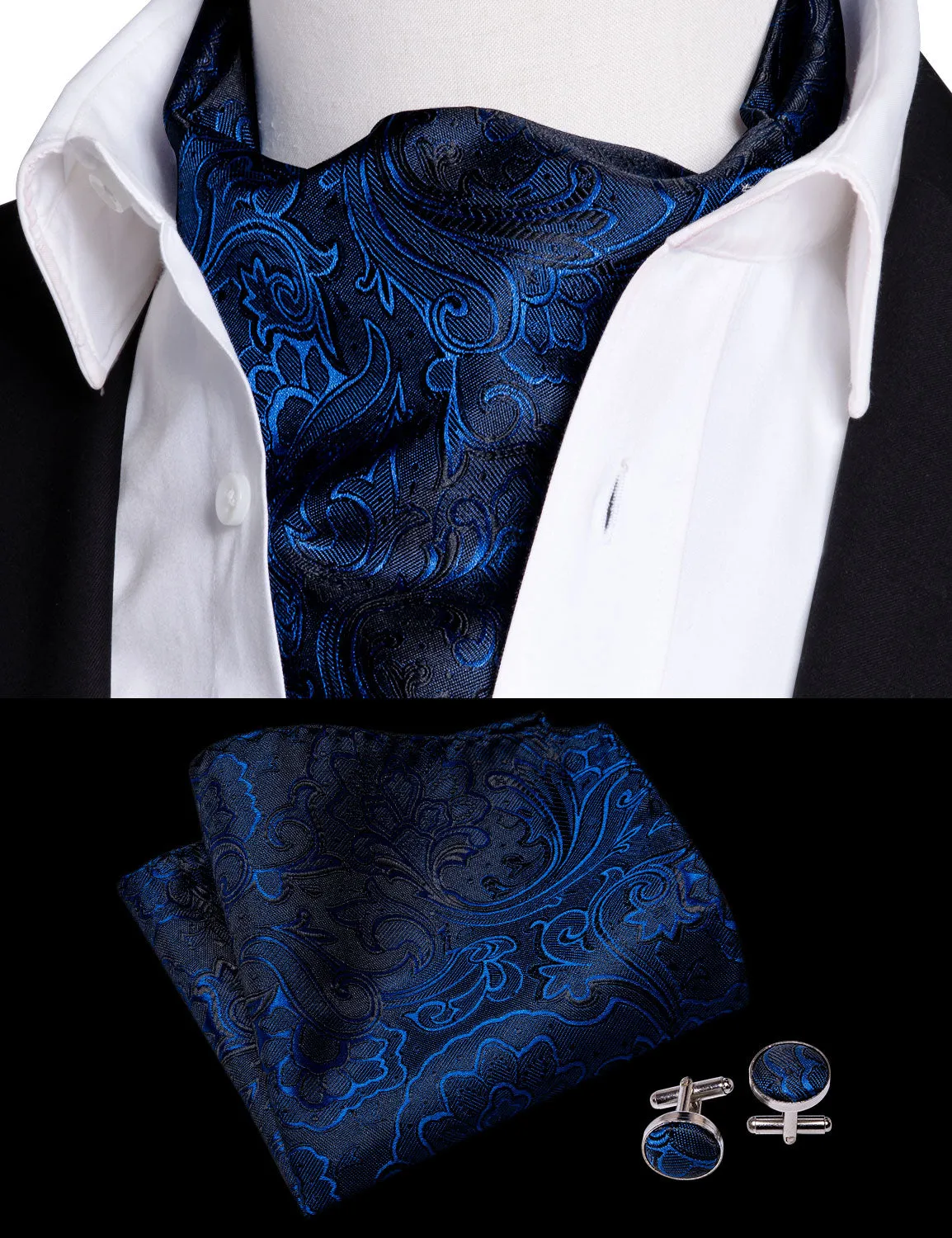 Barry. Wang Mens Ascot Blue Floral Silk Ascot Handkerchief Cufflinks sold by Barrywang product image thumbnail 5