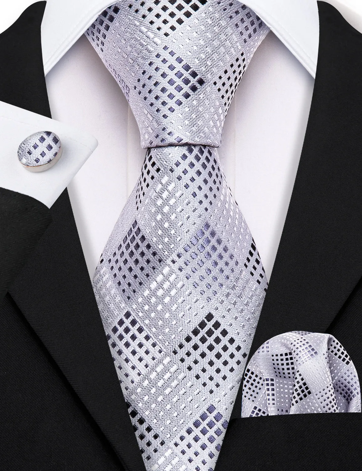 Barry. Wang Silver White Plaid Silk Men's Tie Pocket Square Cufflinks Set sold by Barrywang product image thumbnail 2