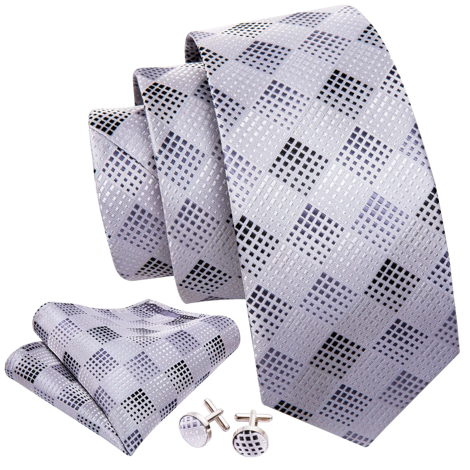 Barry. Wang Silver White Plaid Silk Men's Tie Pocket Square Cufflinks Set sold by Barrywang product image thumbnail 3