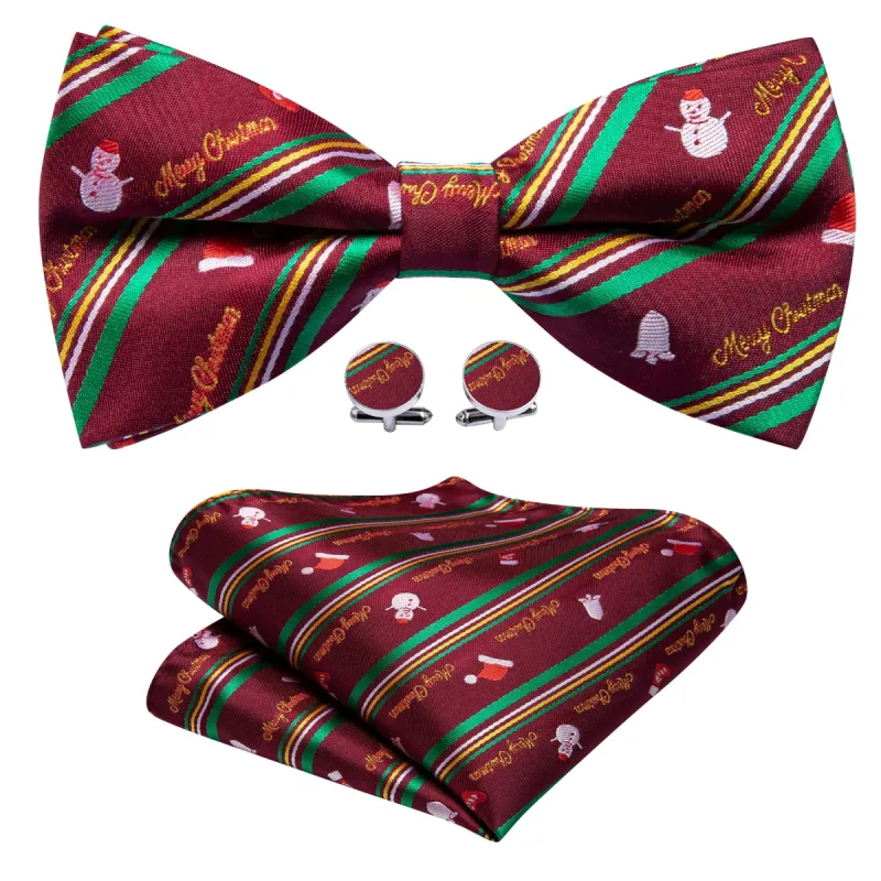 Barry Wang Christmas Green Red Xmas Snowman Pre Tied Mens Bow Tie Set sold by Barrywang