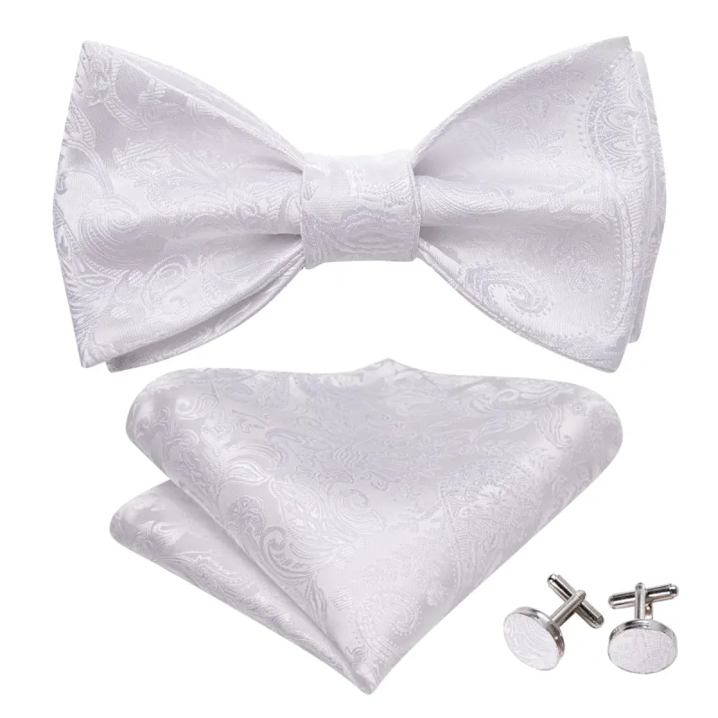 Barry Wang Mens Bow Tie White Paisley Silk Tie Hanky Cufflinks Set sold by Barrywang