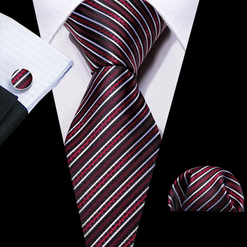 Classy Black Red Striped Silk Tie Hanky Cufflinks Set sold by Barrywang