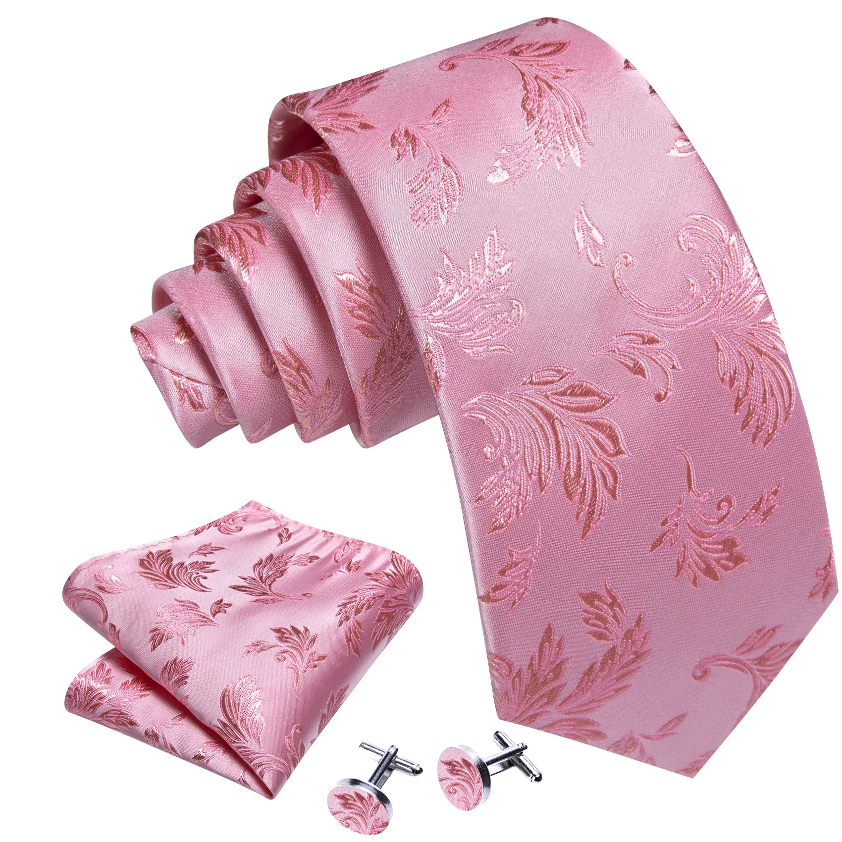 Barry Wang Pink Necktie Floral Jacquard Tie Handkerchief Cufflinks Set sold by Barrywang product image thumbnail 3
