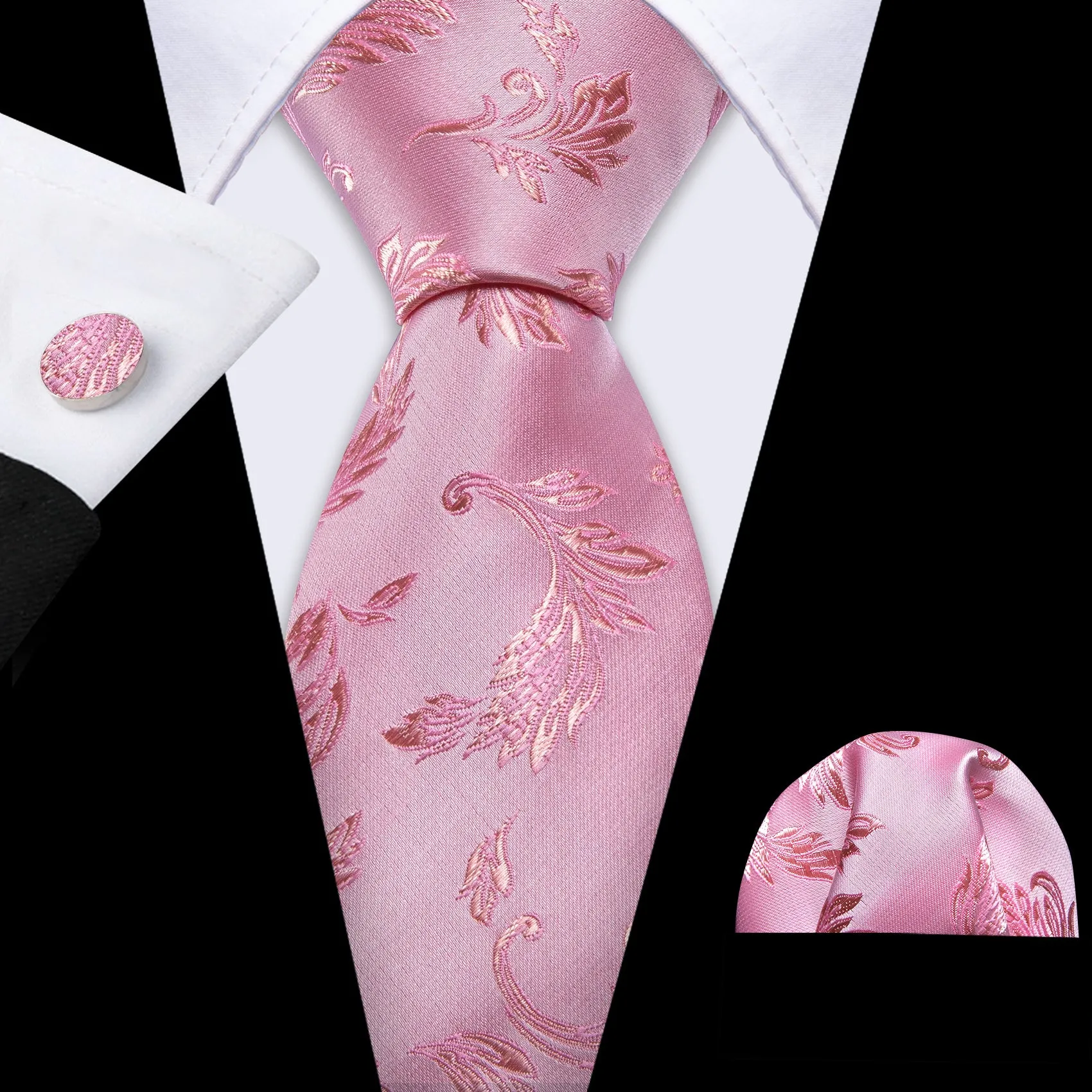 Barry Wang Pink Necktie Floral Jacquard Tie Handkerchief Cufflinks Set sold by Barrywang