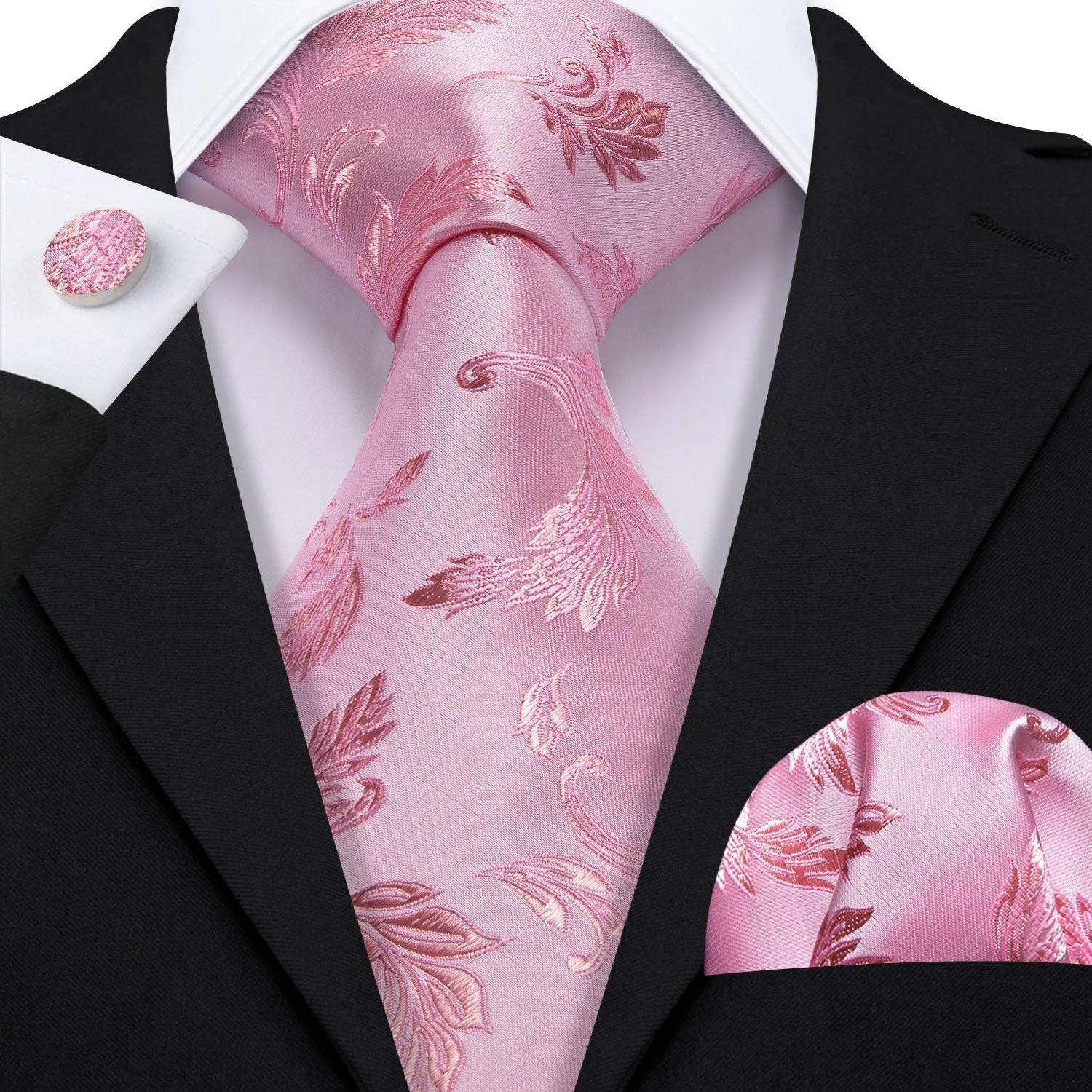 Barry Wang Pink Necktie Floral Jacquard Tie Handkerchief Cufflinks Set sold by Barrywang product image thumbnail 2