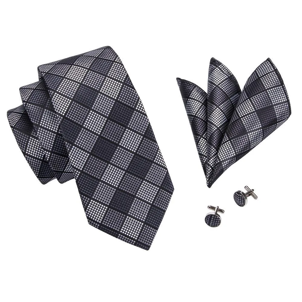 Barry. Wang Black Tie White Plaid Men's Tie Pocket Square Cufflinks Set sold by Barrywang product image thumbnail 5
