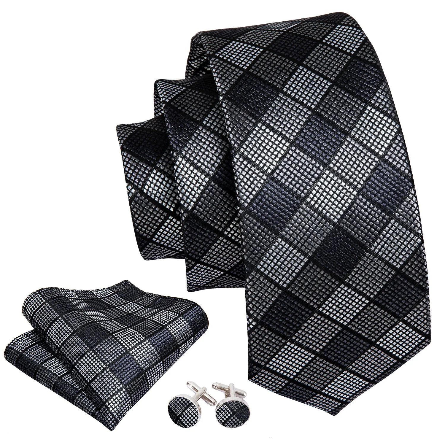 Barry. Wang Black Tie White Plaid Men's Tie Pocket Square Cufflinks Set sold by Barrywang product image thumbnail 4