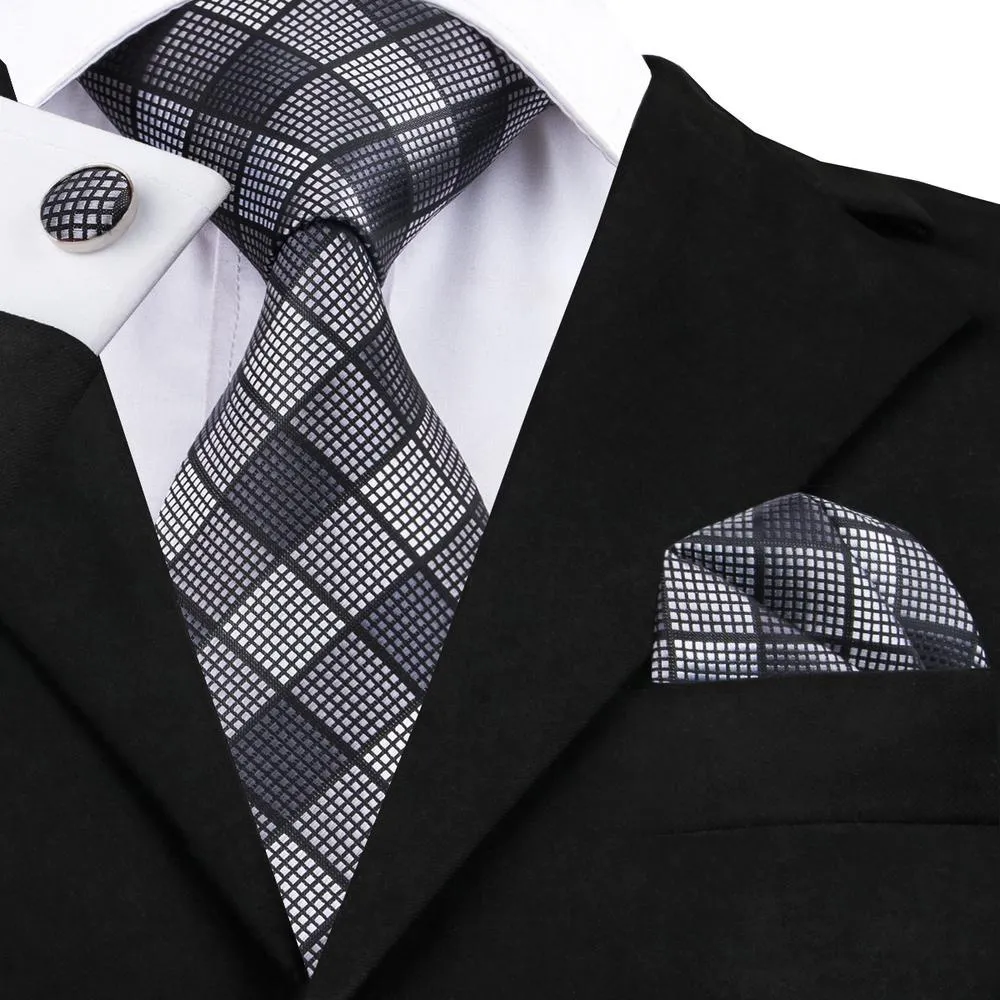 Barry. Wang Black Tie White Plaid Men's Tie Pocket Square Cufflinks Set sold by Barrywang product image thumbnail 2