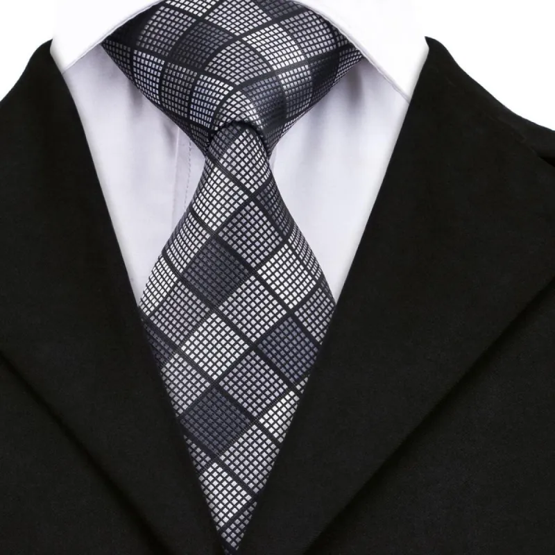 Barry. Wang Black Tie White Plaid Men's Tie Pocket Square Cufflinks Set sold by Barrywang