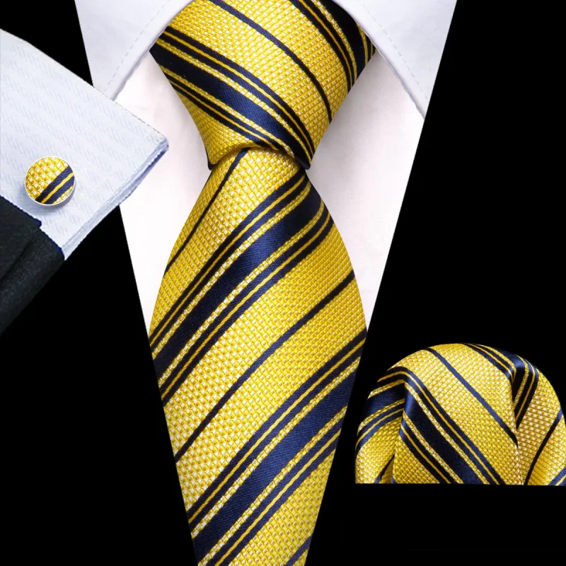 Barry. Wang Yellow Navy Blue Striped Men's Tie Handkerchief Pocket Set sold by Barrywang