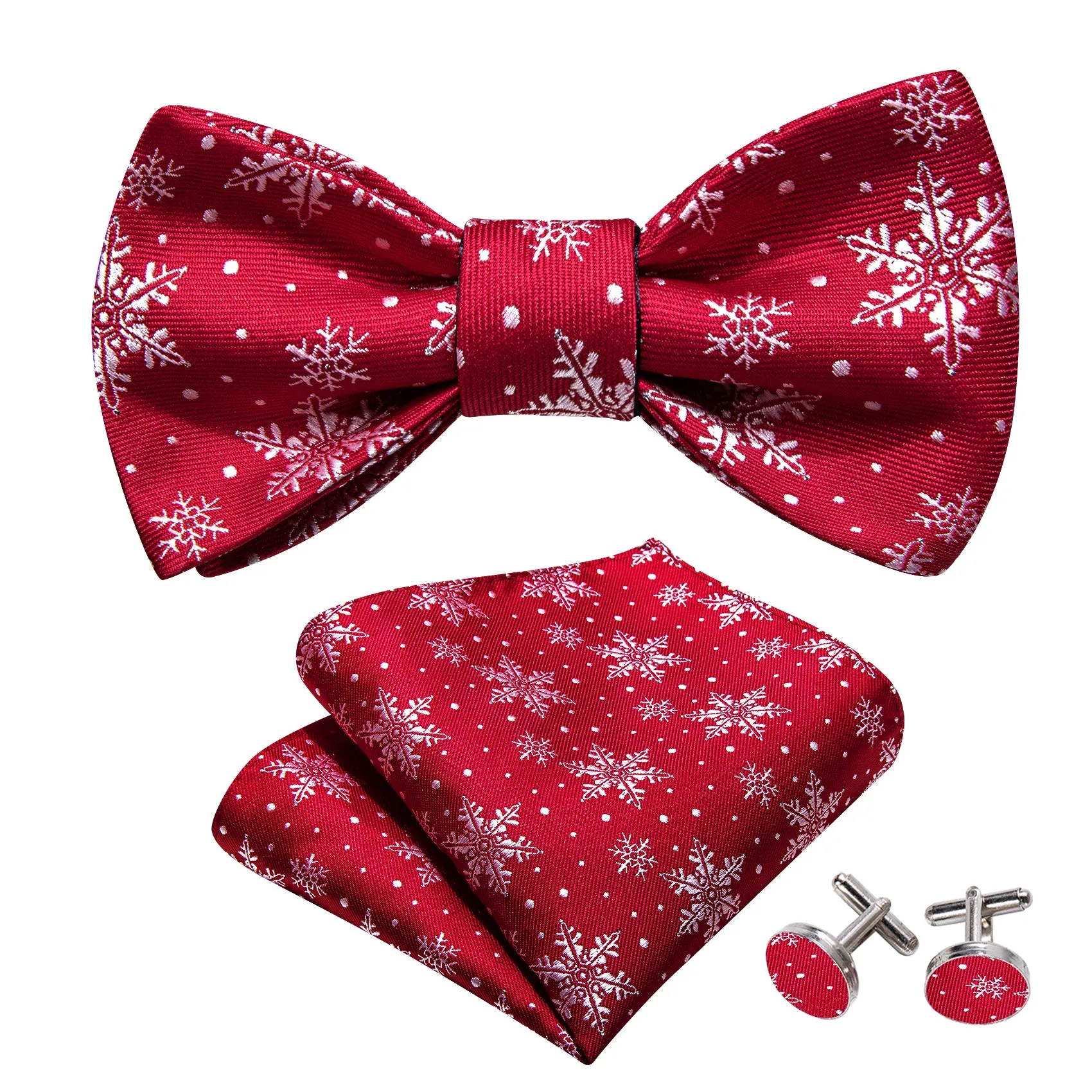 Barry Wang Christmas Fashion Red White Snowflake Silk Tie Bow Tie Hanky Cufflinks Set sold by Barrywang product image thumbnail 4