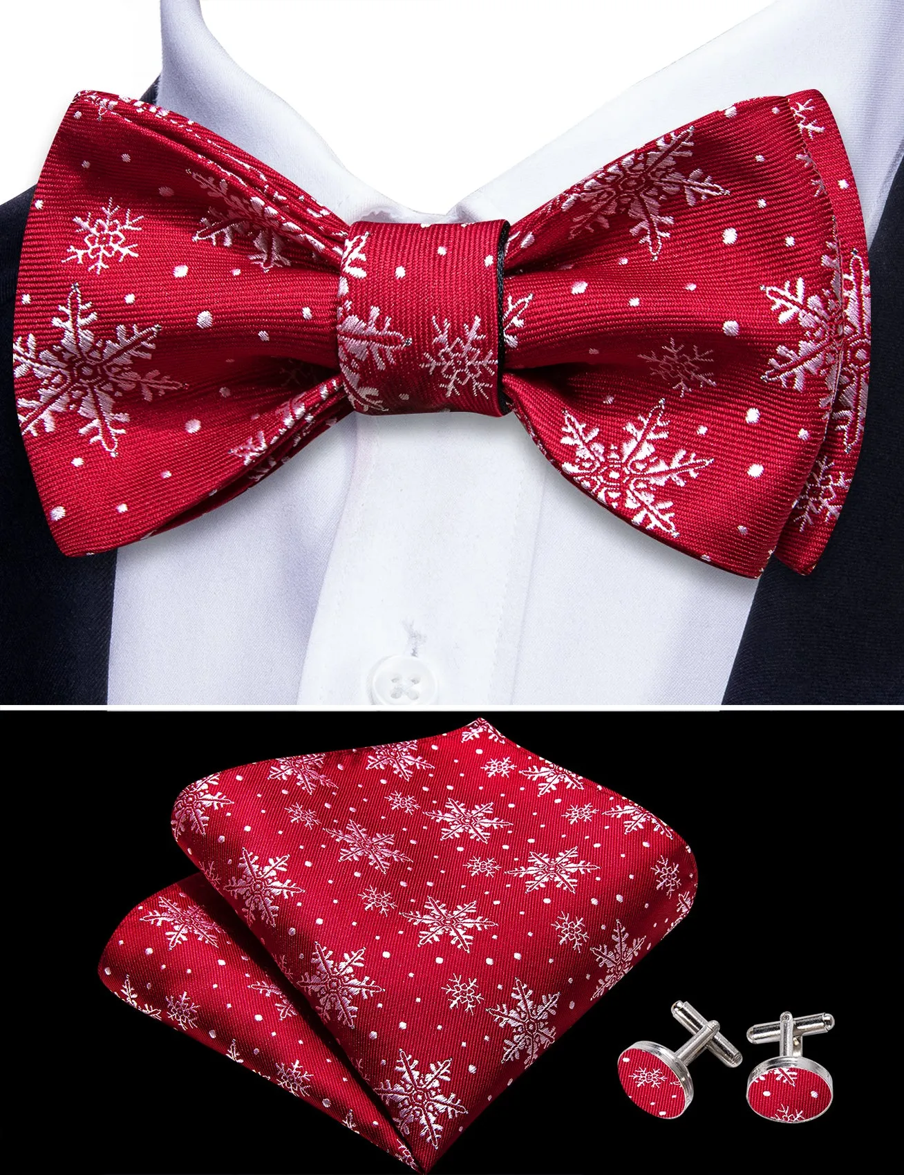 Barry Wang Christmas Fashion Red White Snowflake Silk Tie Bow Tie Hanky Cufflinks Set sold by Barrywang product image thumbnail 3