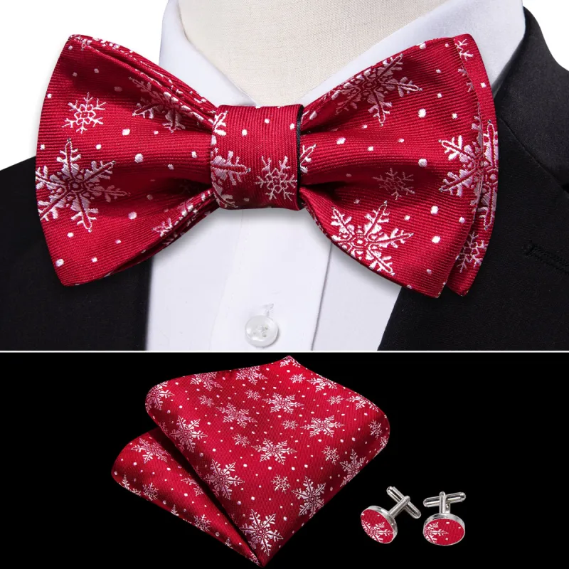 Barry Wang Christmas Fashion Red White Snowflake Silk Tie Bow Tie Hanky Cufflinks Set sold by Barrywang