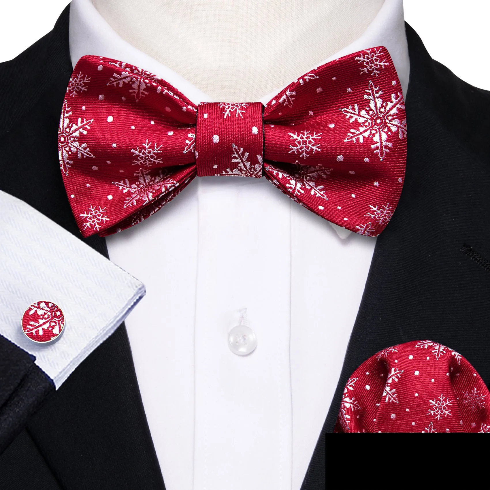 Barry Wang Christmas Fashion Red White Snowflake Silk Tie Bow Tie Hanky Cufflinks Set sold by Barrywang product image thumbnail 2