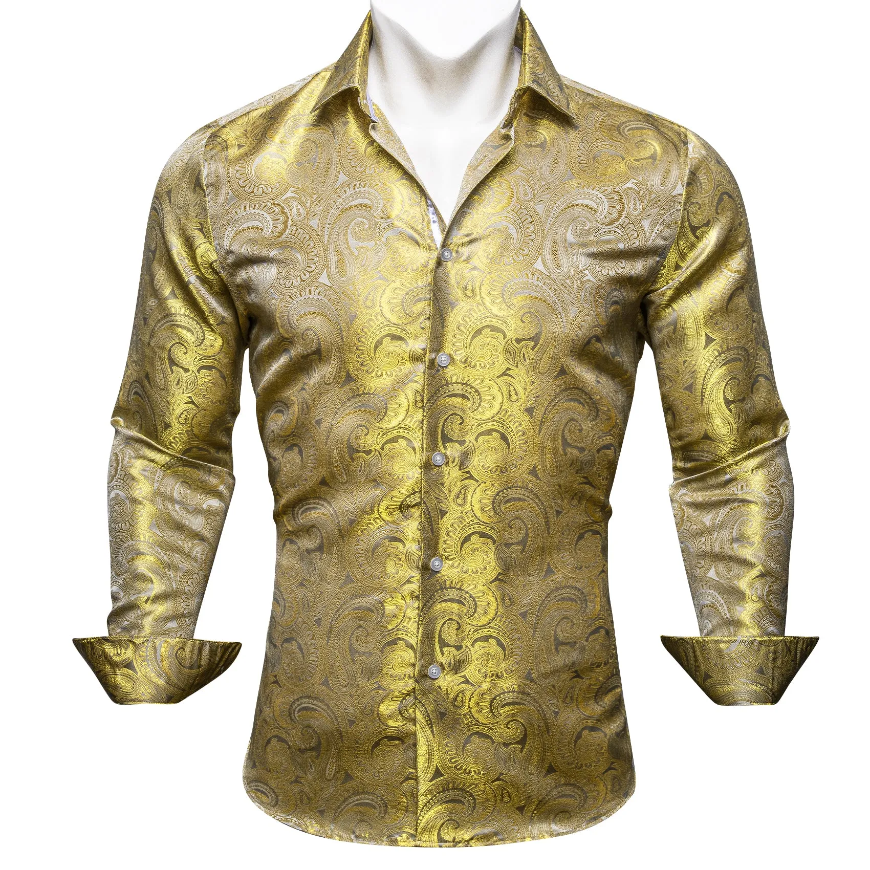 Barry Wang Button Down Shirt Gold Paisley Silk Men's Long Sleeve Shirt sold by Barrywang product image thumbnail 3