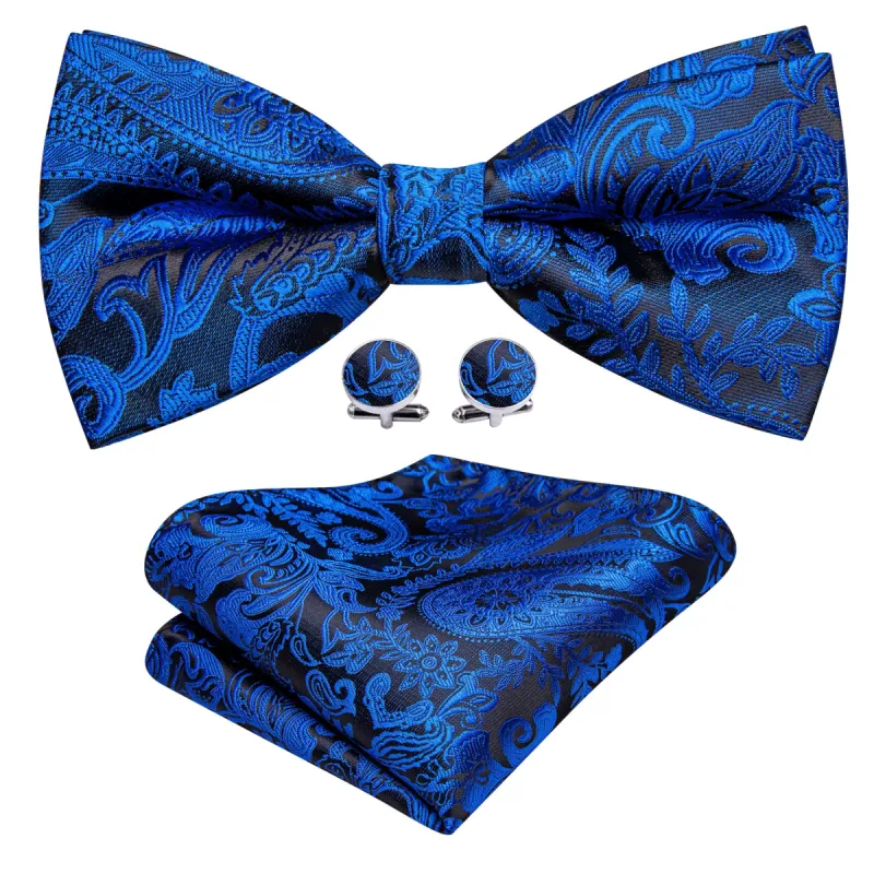 Peacock Blue Paisley Pre-tied Bow Tie Hanky Cufflinks Set sold by Barrywang