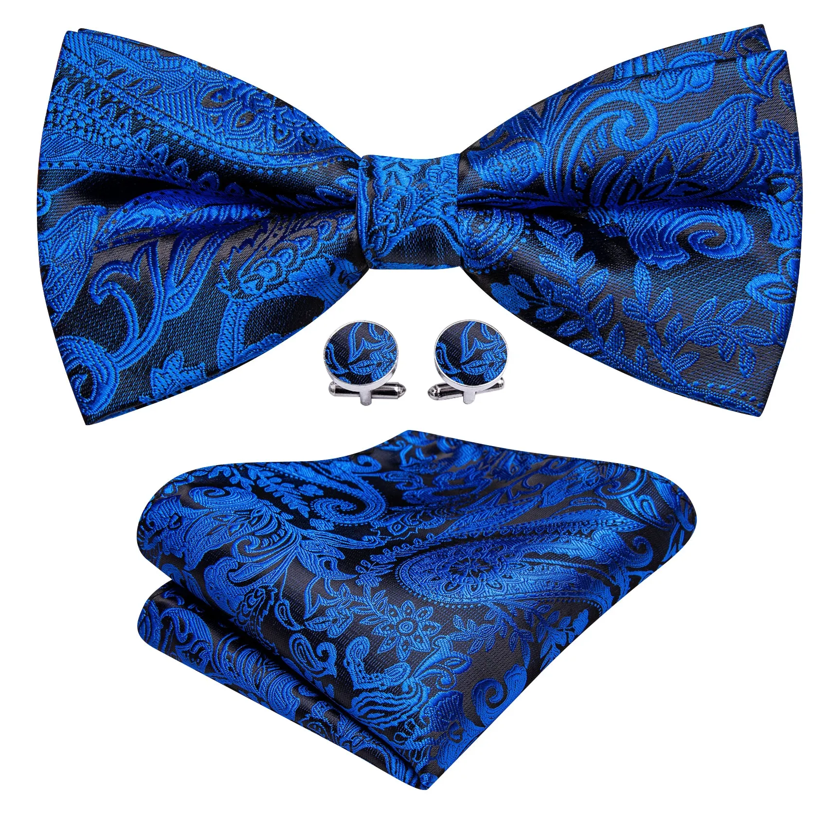 Barry. Wang Peacock Blue Paisley Pre-tied Bow Tie Hanky Cufflinks Set sold by Barrywang