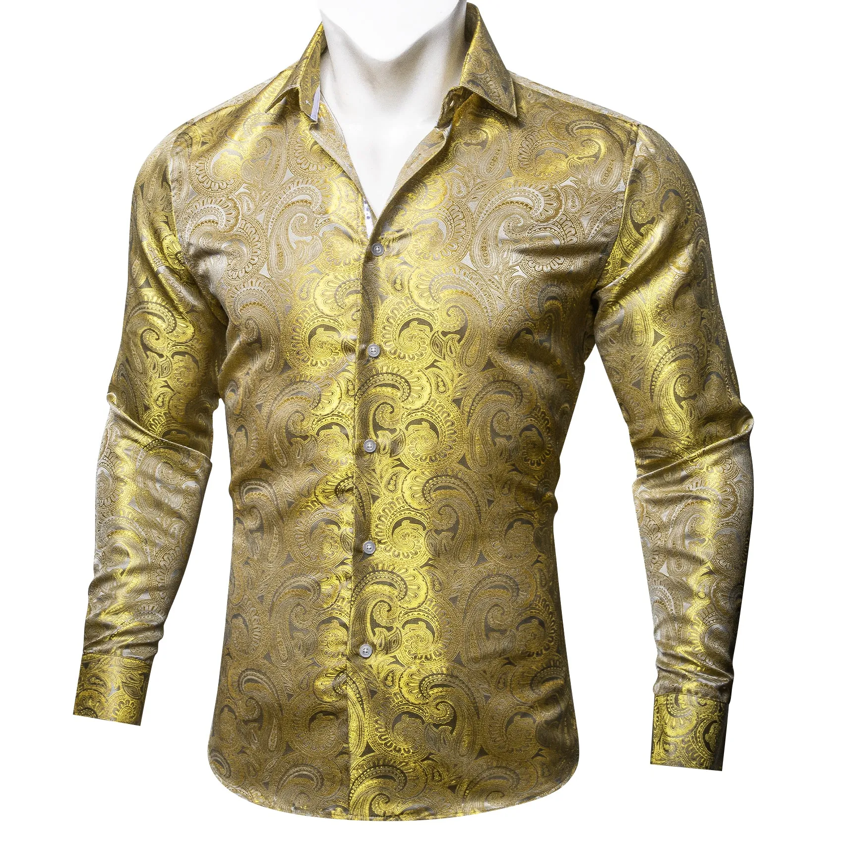 Barry Wang Button Down Shirt Gold Paisley Silk Men's Long Sleeve Shirt sold by Barrywang product image thumbnail 2