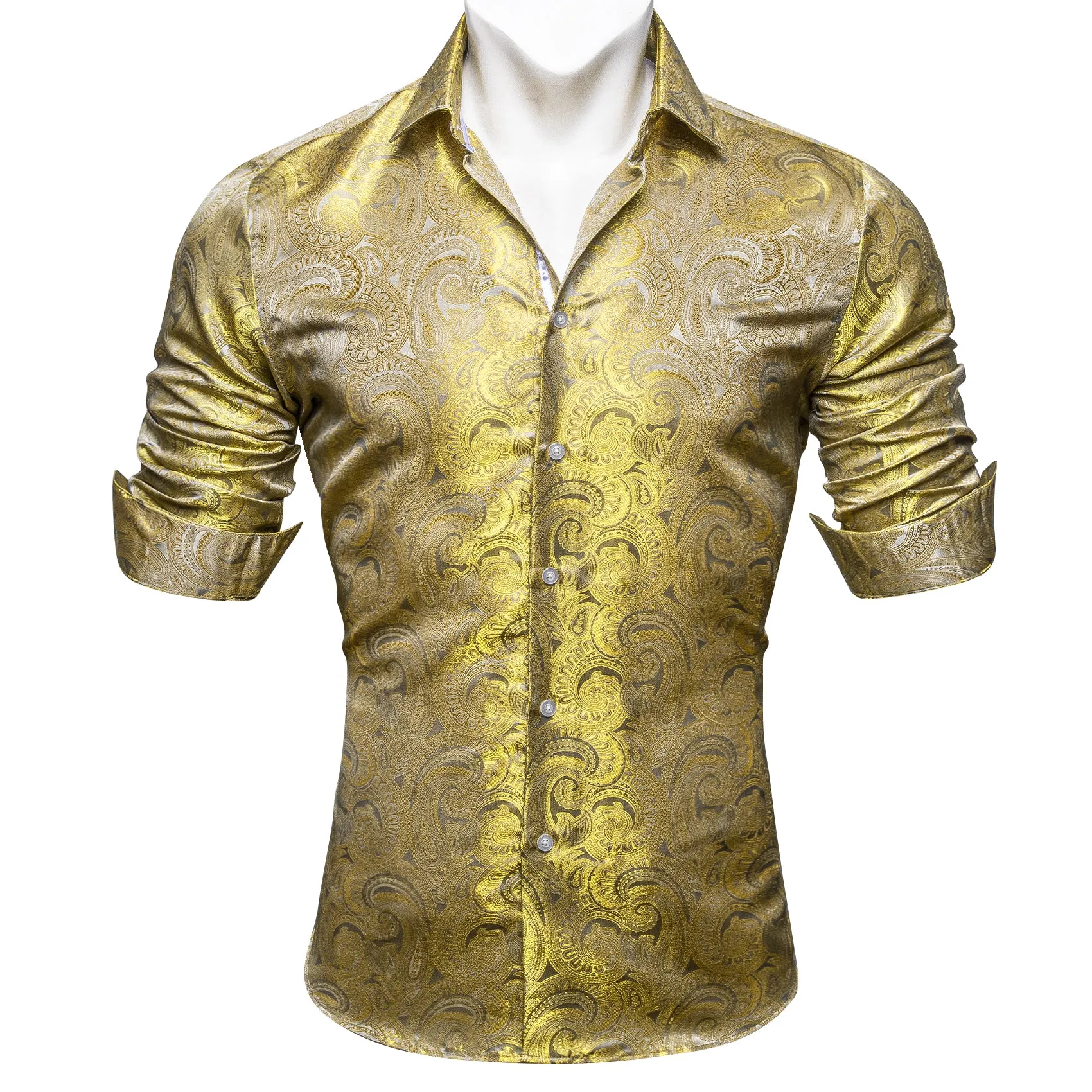 Barry Wang Button Down Shirt Gold Paisley Silk Men's Long Sleeve Shirt sold by Barrywang product image thumbnail 5